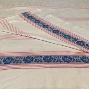 Beautiful Vintage White Table Cloth With Blue Flowers and Pink Stripes